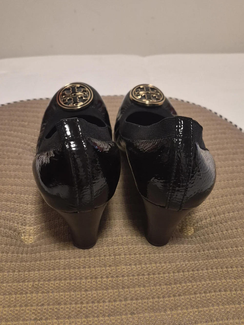Tory Burch Black Patent Wedge Ballet Flats with Gold Logo
